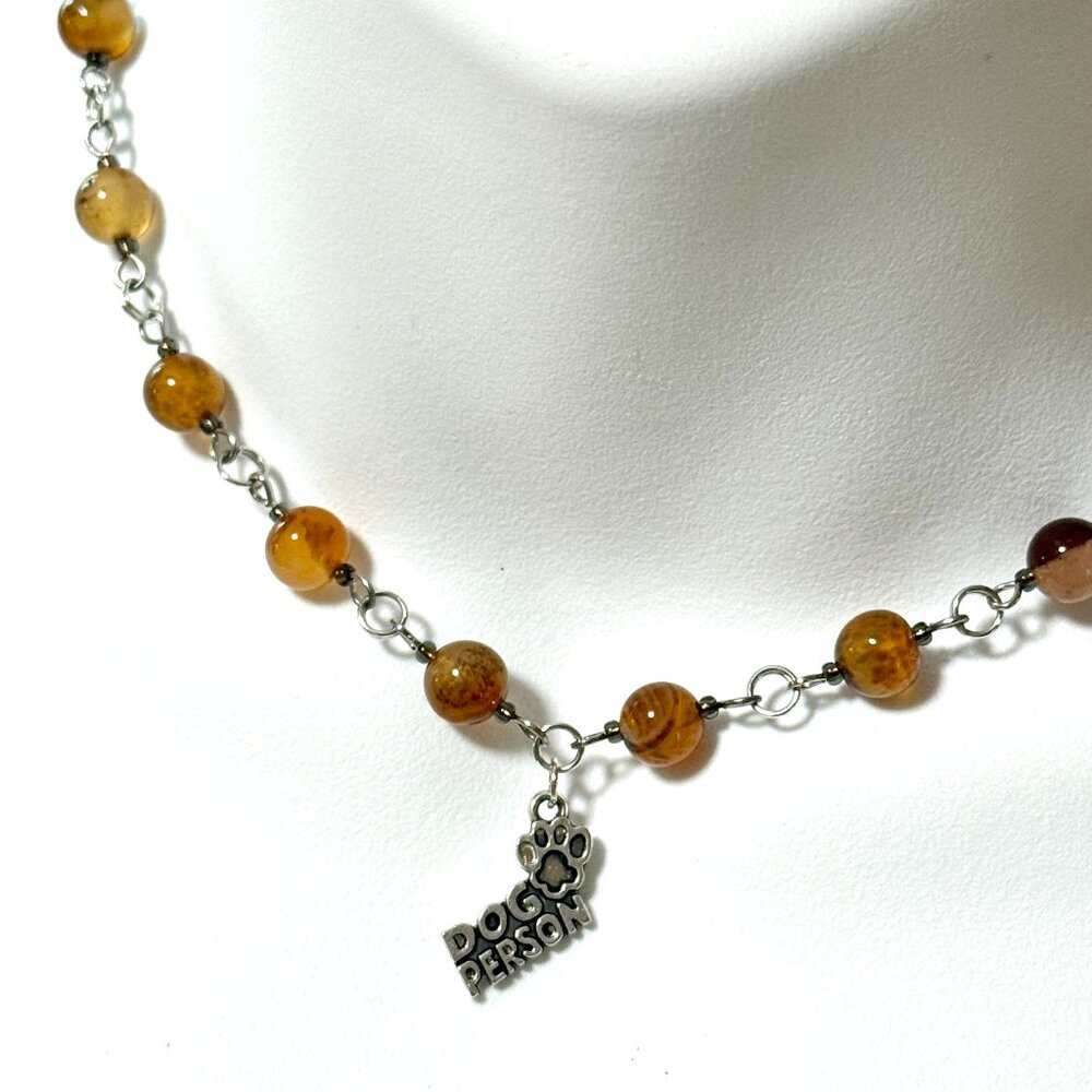 Genuine Earthy Carnelian Agate Short Necklace, Gemstone & Dog Person Paw Print